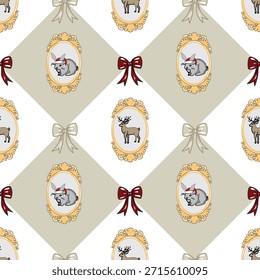 Weihnachten Vintage nahtloses Muster mit Nussknacker, Hirsch und Rahmen