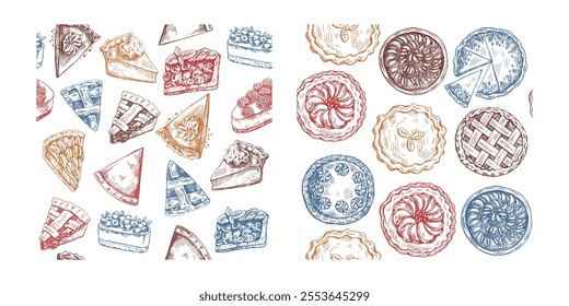 Christmas vintage seamless pattern with pies, tarts, and festive desserts