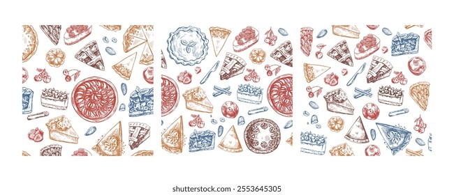 Christmas vintage seamless pattern with pies, fruits, cinnamon, and desserts