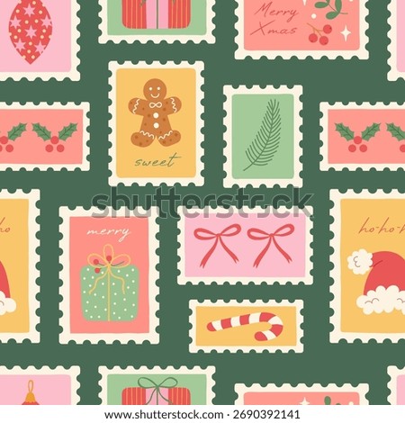 Christmas vintage seamless pattern with postage stamps. Winter holiday postage stickers. Xmas retro print. Hand drawn Christmas tree, gifts, bow, gingerbread, baubles, candy. Vector illustration.