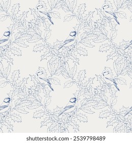 Natal Vintage padrão sem emenda de célula quadrada ornamento botânico com ramos holly, aves de peitos. Mão desenhada. Vetor linear fundo para design férias pacote, papel, decoração de ano novo. Azul-bege