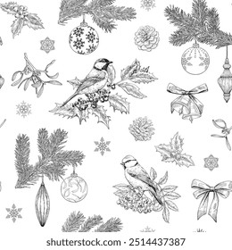 Christmas Vintage seamless pattern with tit birds fir twig mistletoe bells balls bows snowflakes Hand drawn Vector background for design holidays package, paper, new year decor Black white. Monochrome