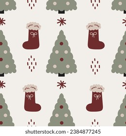 Christmas vintage seamless pattern with tree and stocking. Simple hand drawn Xmas background with snowflakes and dots. Repeat traditional symbols and muted colors. Vector illustration.