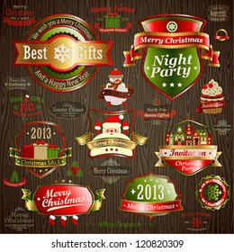 Christmas vintage set - labels and other decorative elements on wood texture. Vector illustration.