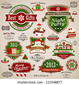 Christmas vintage set - labels, ribbons and other decorative elements. Vector illustration.