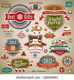 Christmas vintage set - labels, ribbons and other decorative elements. Vector illustration.