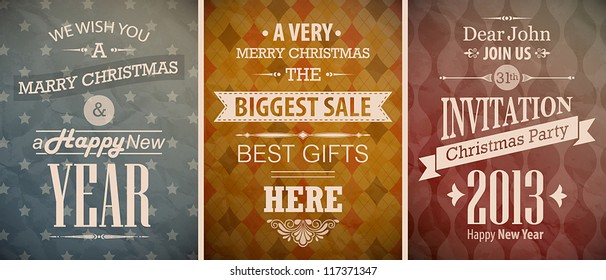 Christmas vintage set - retro greeting cards. Vector illustration.