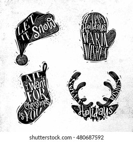 Christmas vintage silhouettes Santa hat, mitten, deer, sock with greeting lettering let it snow, happy holidays warm wishes, drawing on dirty paper background
