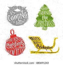 Christmas vintage silhouettes Santa's beard, tree, ball, Santa's sleigh with greeting lettering.