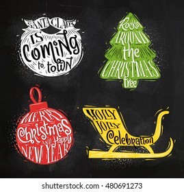 Christmas vintage silhouettes Santa's beard, tree, ball with greeting lettering Sants Claus is coming to town, drawing with color chalk on chalkboard