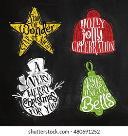 Christmas vintage silhouettes star, snowman, bell, winter hat with greeting lettering holly jolly celebration, drawing with color chalk on chalkboard