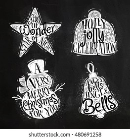 Christmas vintage silhouettes star, snowman, bell, winter hat with greeting lettering holly jolly celebration, drawing with chalk on chalkboard