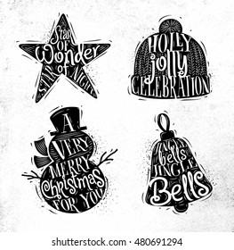 Christmas vintage silhouettes star, snowman, bell, winter hat with greeting lettering holly jolly celebration, drawing on dirty paper background