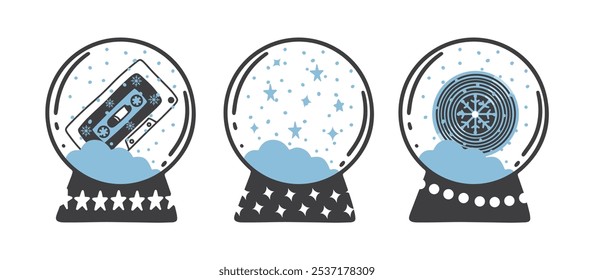 Christmas vintage  snow globe set. Doodle vector illustration. Holiday elements. 