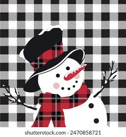 Christmas vintage Snowman pattern Isolated with Black and White Buffalo check Background, Tartan Plaid- Christmas Vector Design