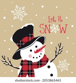 Christmas vintage snowman pattern with let it snow text and plaid pattern 