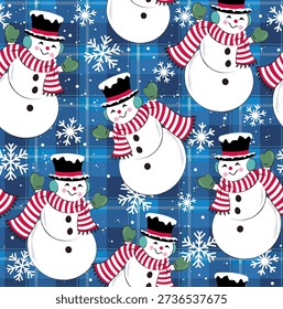 Christmas Vintage Snowman Seamless Pattern with Snowflakes and Blue Plaids Background- Christmas Vintage Snowman Vector Illustration