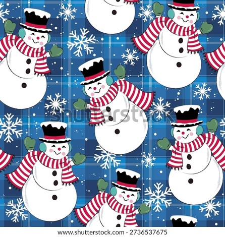 Christmas Vintage Snowman Seamless Pattern with Snowflakes and Blue Plaids Background- Christmas Vintage Snowman Vector Illustration