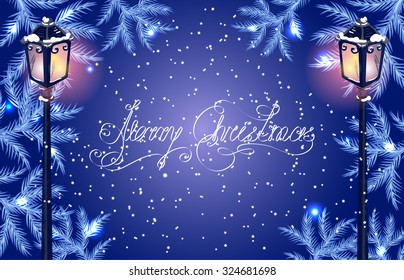 Christmas vintage streetlamp on the evening landscape background and fur tree