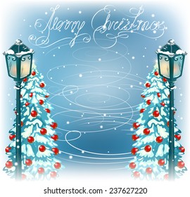 Christmas vintage streetlamps on the evening landscape background and fur trees