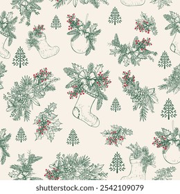 Christmas vintage style vector seamless pattern with had drawn branches, holly tree ad socks