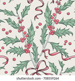Christmas vintage style vector seamless pattern with bows and holly berries
