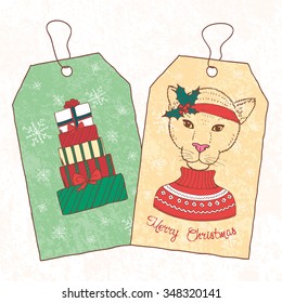 Christmas vintage tags. Hand drawn lion dressed up in sweater. Vector illustration.
