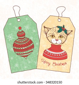 Christmas vintage tags. Hand drawn leopard cat dressed up in sweater. Vector illustration.