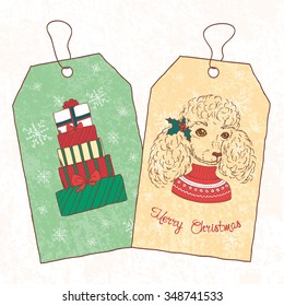 Christmas vintage tags. Hand drawn poodle dressed up in sweater. Vector illustration.