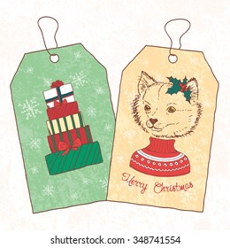 Christmas vintage tags. Hand drawn fox dressed up in sweater. Vector illustration.