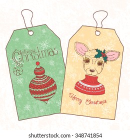 Christmas vintage tags. Hand drawn deer dressed up in sweater. Vector illustration.