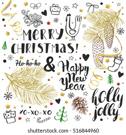 Christmas vintage vector card. Sketch fir tree, conifers branches, cones and lettering. Hand drawn elements and calligraphy inscriptions.  Rooster. Black and gold.