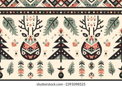 Vector vintage de Navidad patrón fondo sin fisuras con reno étnico, flores, formas geométricas de árboles de Navidad. Feliz adorno de Navidad. 