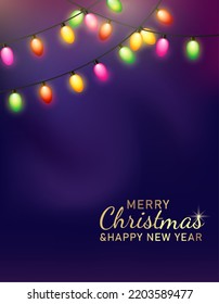 Christmas violet background with decoration round ring from glass light garland. Merry Christmas Greeting card. Happy new year. Festive bright design. Xmas Holiday poster. vector illustration