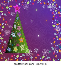 Christmas violet frame with tree, stars and snowflakes (vector)