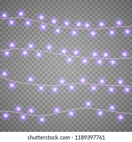 Christmas violet garlands isolation on transparent background. Xmas realistic overlay lights card. Holidays decorations bright lamps. Vector gloving garland illustration