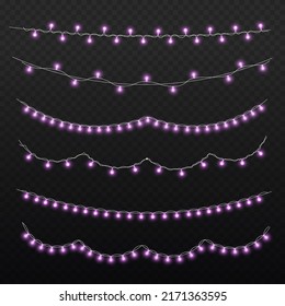 Christmas violet light for cards, banners, posters, web design. Set of purple xmas glowing garland. Led neon lamp. New year party lights decoration. Vector illustration, eps 10.