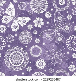Christmas violet violet pattern with stylized snowflakes and butterflies. Seamless texture. Vector