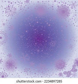 Christmas violet and white gradient background with snowflakes, stars and butterfly. For greeting card, Vector