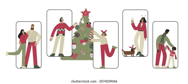 Christmas Virtual Party On Smartphones. Online Communication On New Year Eve. Digital Characters Celebrate, Decorate Tree, Present Gifts. Happy Smiling People Together On Xmas. Quarantine Lifestyle.