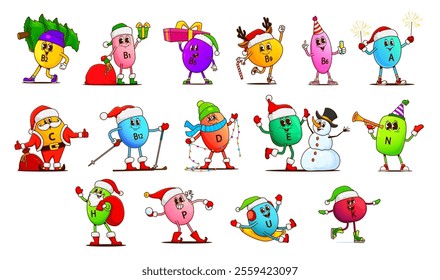 Christmas vitamin and micronutrient groovy characters. Cartoon festive capsules of b2, b1 and b9. C, b12, d or e, n, h, p, u, k engage in holiday activities like skiing, gifts, snowball fights