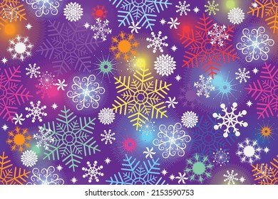Christmas vivid violet pattern with vintage colorful snowflakes, stars, swirls, snowfall. Seamless texture. Set. Vector eps 10