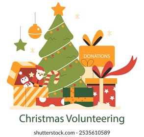 Christmas Volunteering concept. A festive illustration depicting holiday donations under a decorated tree. Charitable giving and seasonal joy captured in colorful gifts. Vector illustration.