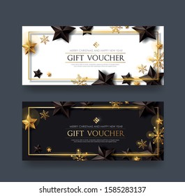 Christmas voucher with black gold stars and snowflake ,gift card,discount,coupon,Vector illustration.