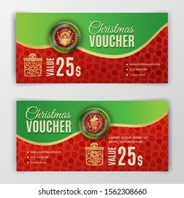 Christmas voucher for business. Green red background for department stores, business. Portrait of Santa Claus and Rat