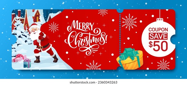 Christmas voucher with coupon, vector Xmas ticket template, sale, discount gift card or certificate with cartoon Santa Claus pull huge bag with presents. Holiday cheque for seasonal promotional events