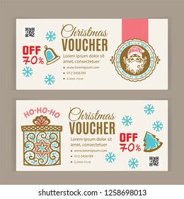 Christmas voucher template. Santa inside badge. Turquoise red on light background for department stores, business.