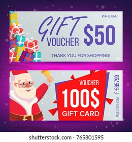 Christmas Voucher Template Vector. Horizontal Card. Happy New Year. Santa Claus And Gifts. Holidays Advertisement. Gift Certificate Illustration