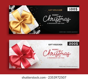 Christmas voucher vector set design. Merry christmas and happy new year gift certificate vouchers for holiday shopping discount. Vector illustration gift vouchers lay out collection. 
