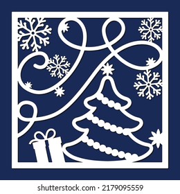 Christmas Wall Art Template For Laser Cutting. Greeting Card Template With Christmas Tree And Snowflakes. Stencil For Paper Cutting. Vector Illustration.